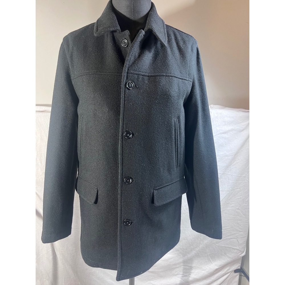 Mens Black Wool Blend Button Front Car Coat Jacket Four Pocket Outerwear